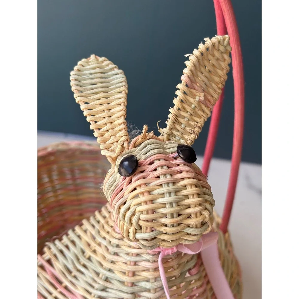 Vintage Pastel Wicker Bunny Easter Basket Pink Yellow Green Woven Rabbit Decor